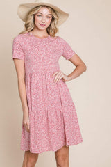 BOMBOM Printed Short Sleeve Mini Dress - Trendsi - Flyclothing LLC