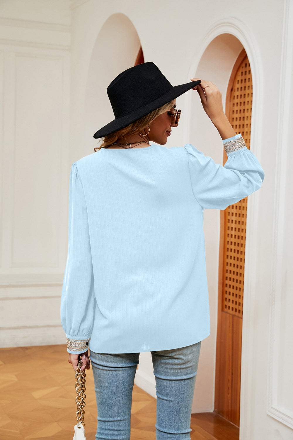 Contrast Puff Sleeve Blouse - Trendsi - Flyclothing LLC
