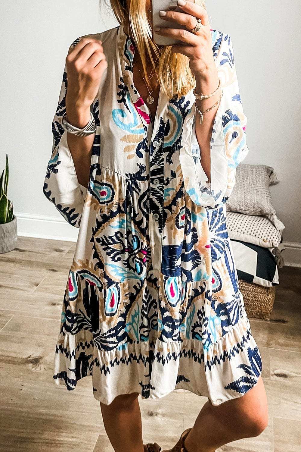 Printed Notched Three-Quarter Sleeve Mini Dress - Trendsi - Flyclothing LLC