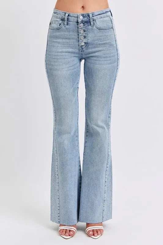 Judy Blue Full Size Mid Rise Rhinestone Side Panel Detail Flare Jeans Plus Size - Trendsi - Flyclothing LLC