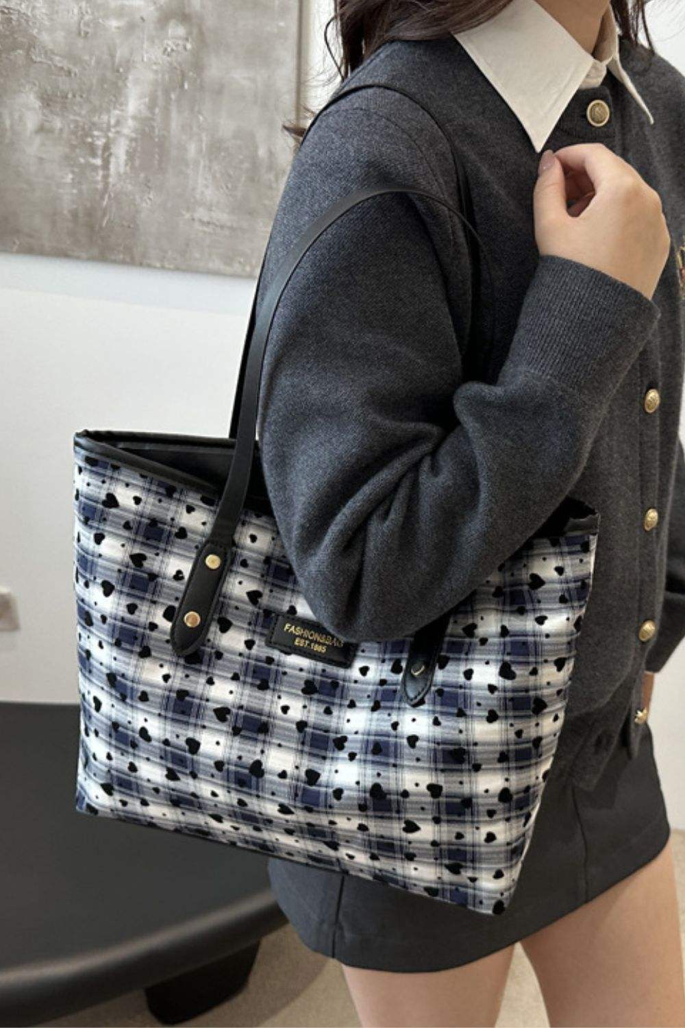 Heart Plaid PU Leather Strap Tote Bag - Trendsi - Flyclothing LLC