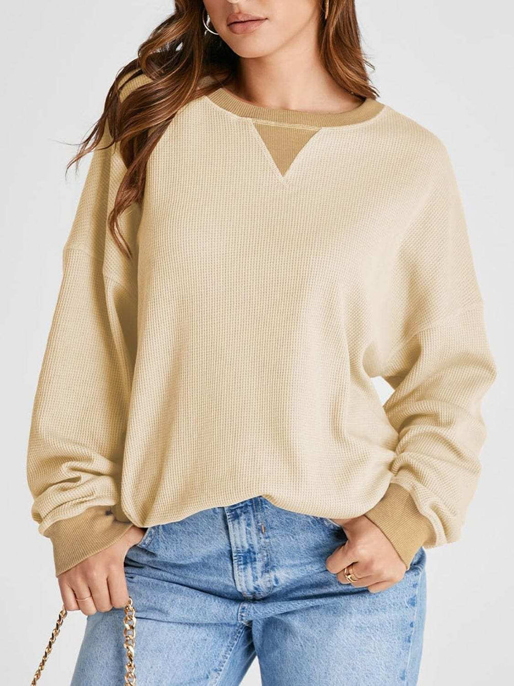 Waffle Knit Round Neck Long Sleeve T-Shirt - Trendsi - Flyclothing LLC