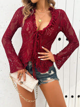 Tied V-Neck Long Sleeve Lace Top - Trendsi - Flyclothing LLC