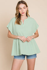 Cotton Bleu by Nu Lab Ruched Notched Short Sleeve Blouse - Trendsi