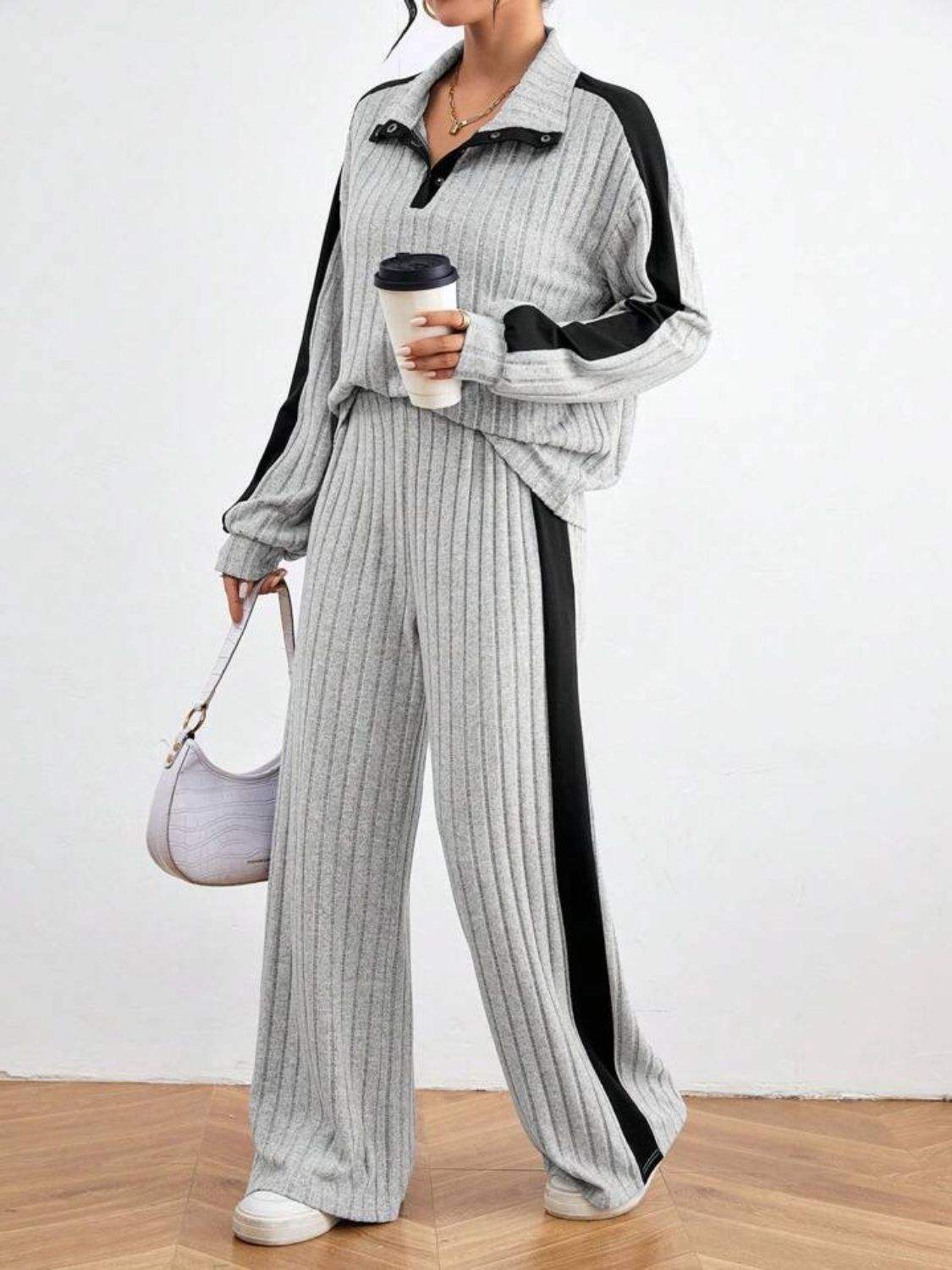 Contrast Collared Neck Long Sleeve Top and Pants Set - Trendsi - Flyclothing LLC