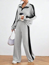 Contrast Collared Neck Long Sleeve Top and Pants Set - Trendsi - Flyclothing LLC