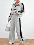 Contrast Collared Neck Long Sleeve Top and Pants Set - Trendsi - Flyclothing LLC