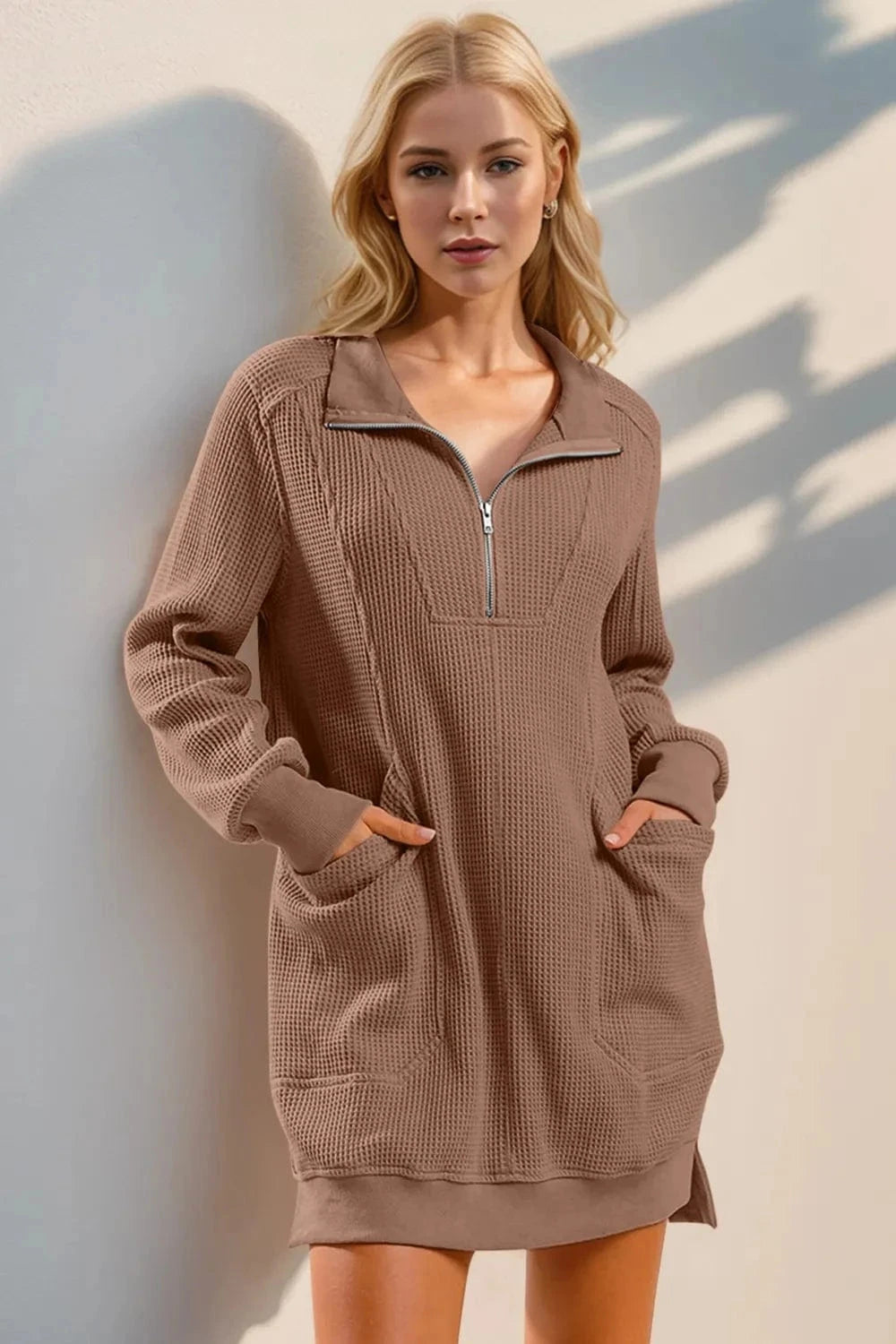 Double Take Waffle Long Sleeve Mini Dress with Pockets - Trendsi