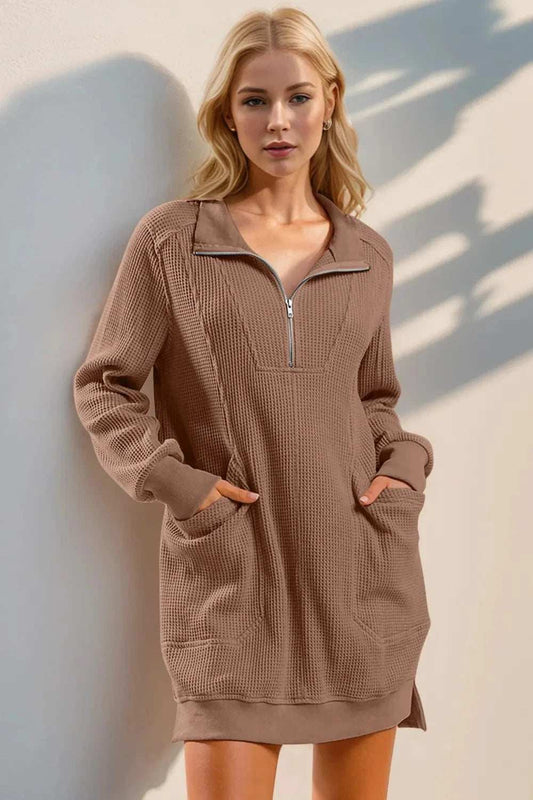 Double Take Waffle Long Sleeve Mini Dress with Pockets - Trendsi - Flyclothing LLC
