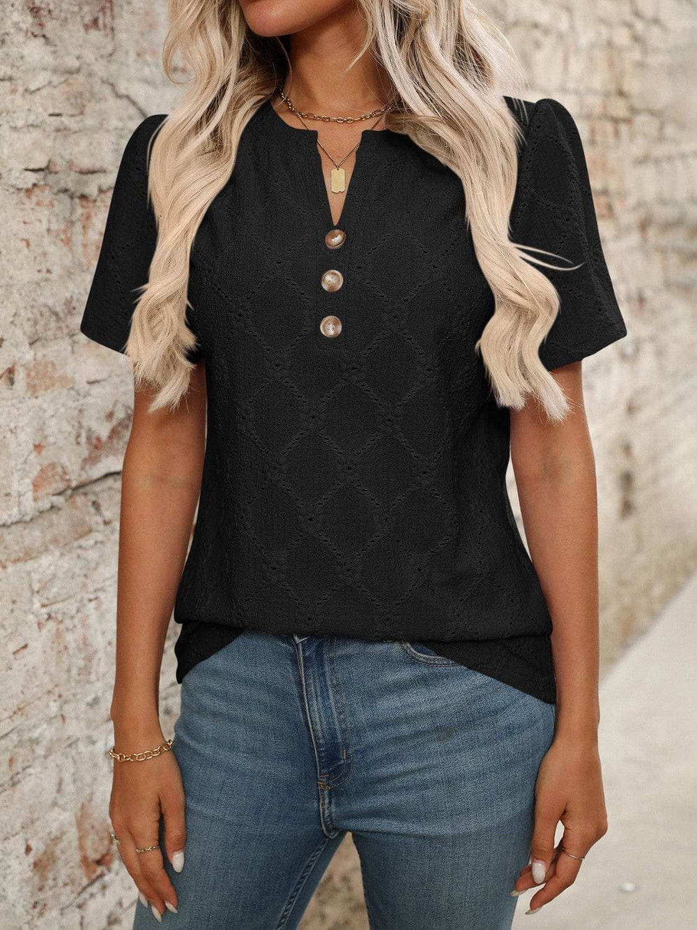Eyelet Notched Short Sleeve Top - Trendsi - Flyclothing LLC
