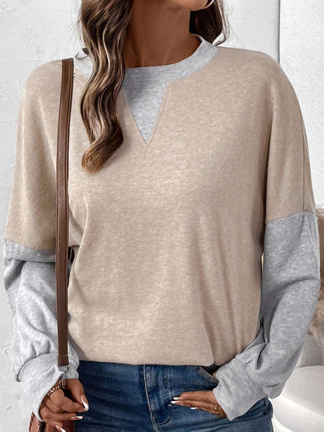 Perfee Contrast Round Neck Long Sleeve T-Shirt - Trendsi - Flyclothing LLC
