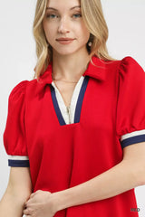 Umgee Puff Sleeve Zip Front Top with Contrast Striped Trim - Trendsi - Flyclothing LLC