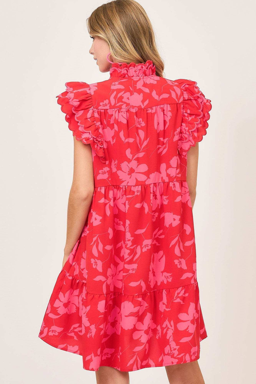 Umgee Full Size Two Tone Floral Print Ruffle Cap Sleeve Mini Dress Plus Size - Trendsi - Flyclothing LLC