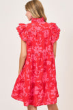 Umgee Full Size Two Tone Floral Print Ruffle Cap Sleeve Mini Dress Plus Size - Trendsi