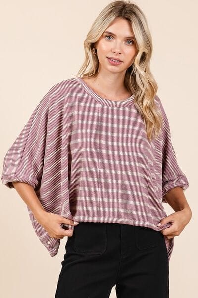 Mittoshop Texture Striped Print Round Neck Dolman Sleeve Top - Trendsi
