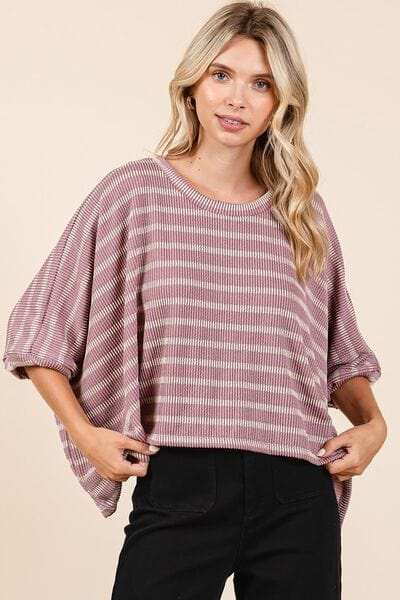 Mittoshop Texture Striped Print Round Neck Dolman Sleeve Top - Trendsi - Flyclothing LLC