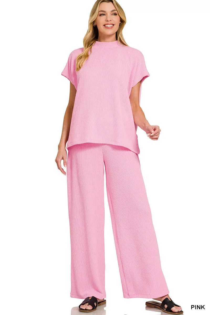 Zenana Raised Rib Short Sleeve Tee & Pants Set - Trendsi - Flyclothing LLC