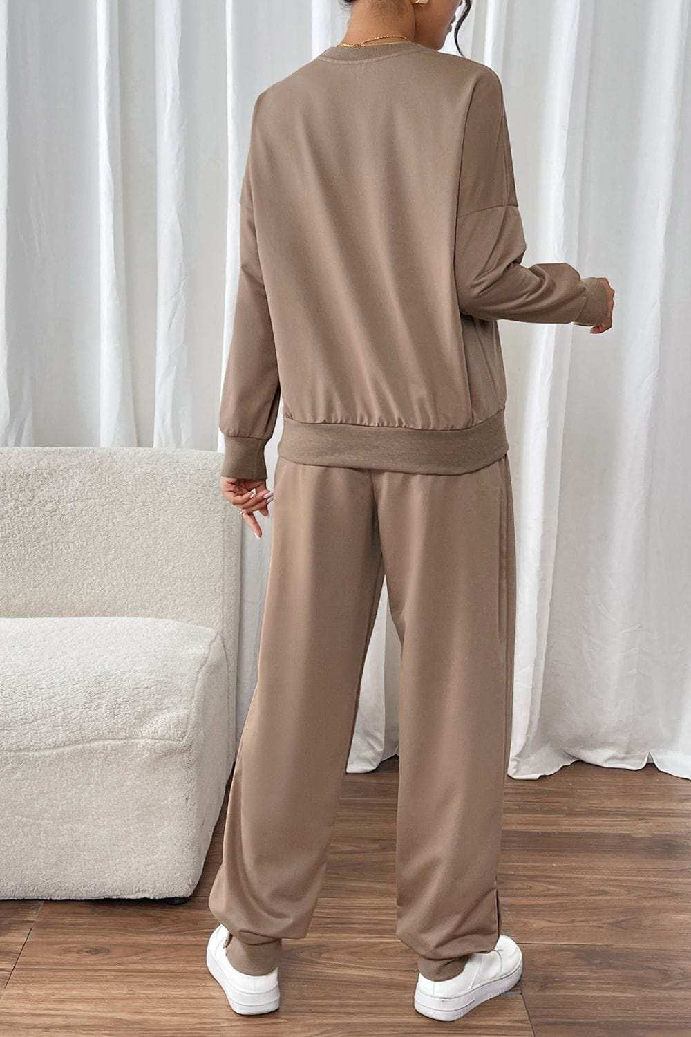 Perfee Round Neck Long Sleeve Top and Pants Set - Trendsi - Flyclothing LLC