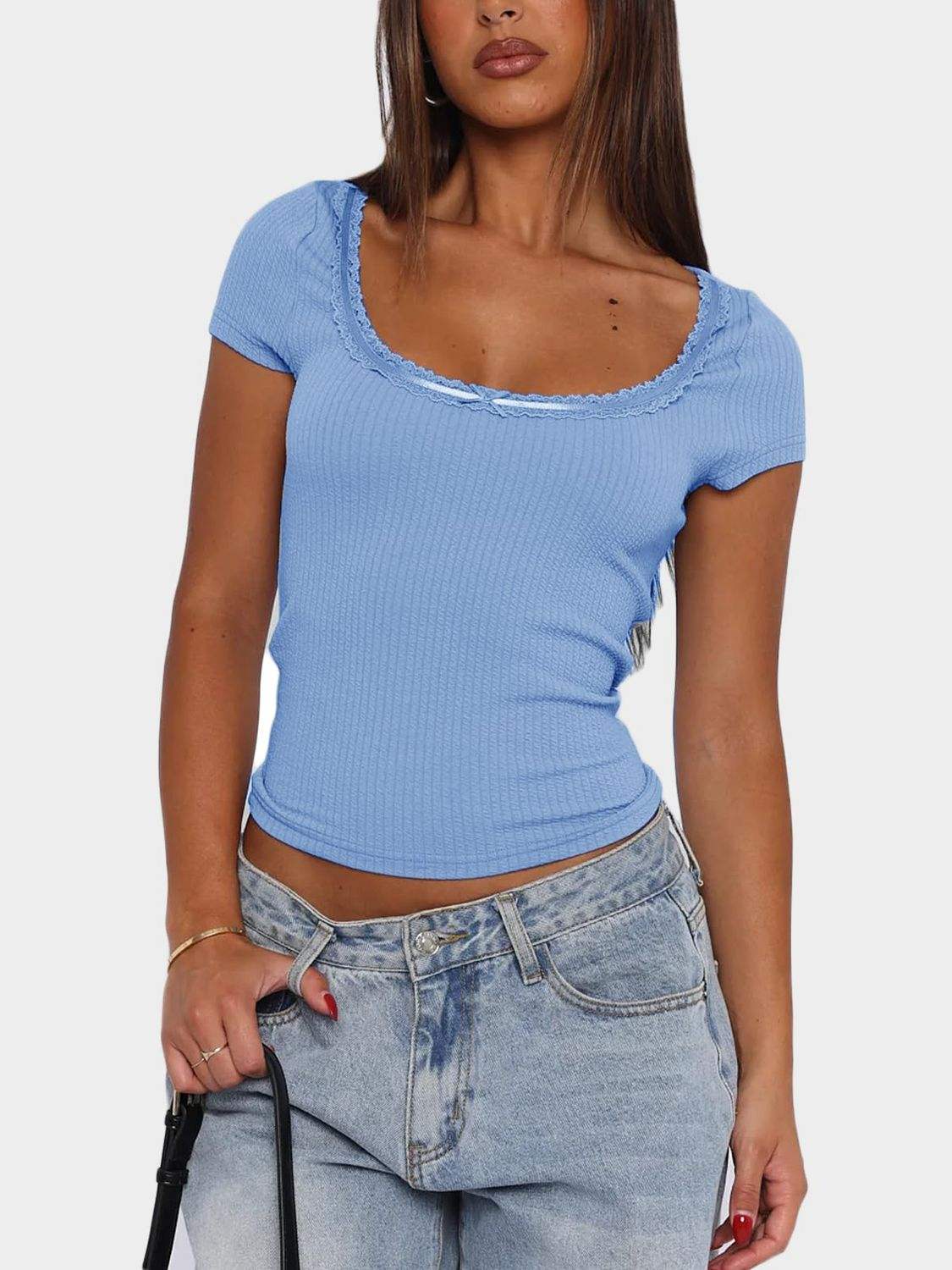 Lace Detail Scoop Neck Short Sleeve T-Shirt - Trendsi - Flyclothing LLC