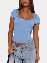 Lace Detail Scoop Neck Short Sleeve T-Shirt - Trendsi - Flyclothing LLC
