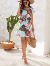 Drawstring Printed V-Neck Mini Dress - Trendsi - Flyclothing LLC