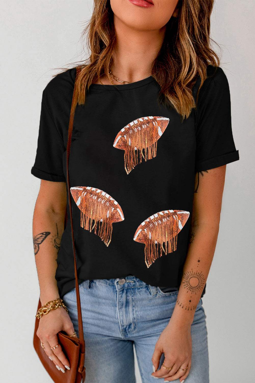 Sequin Football Round Neck Short Sleeve T-Shirt - Trendsi - Flyclothing LLC