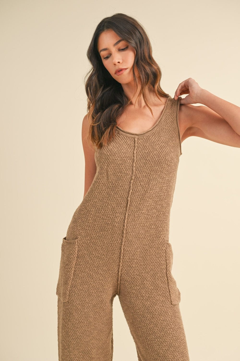MABLE Sleeveless Knit Crop Jumpsuit with Pockets - Trendsi