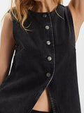 Button Down Round Neck Denim Vest - Trendsi