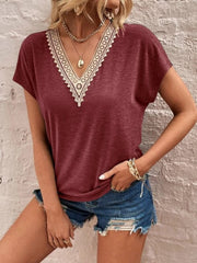 Full Size Lace Detail V-Neck Short Sleeve T-Shirt - Trendsi