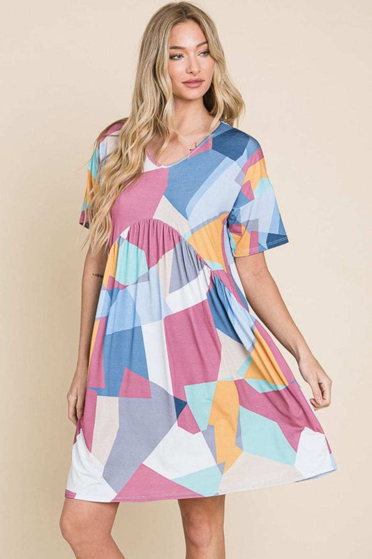 BOMBOM Ruched Color Block Short Sleeve Dress - Trendsi - Flyclothing LLC