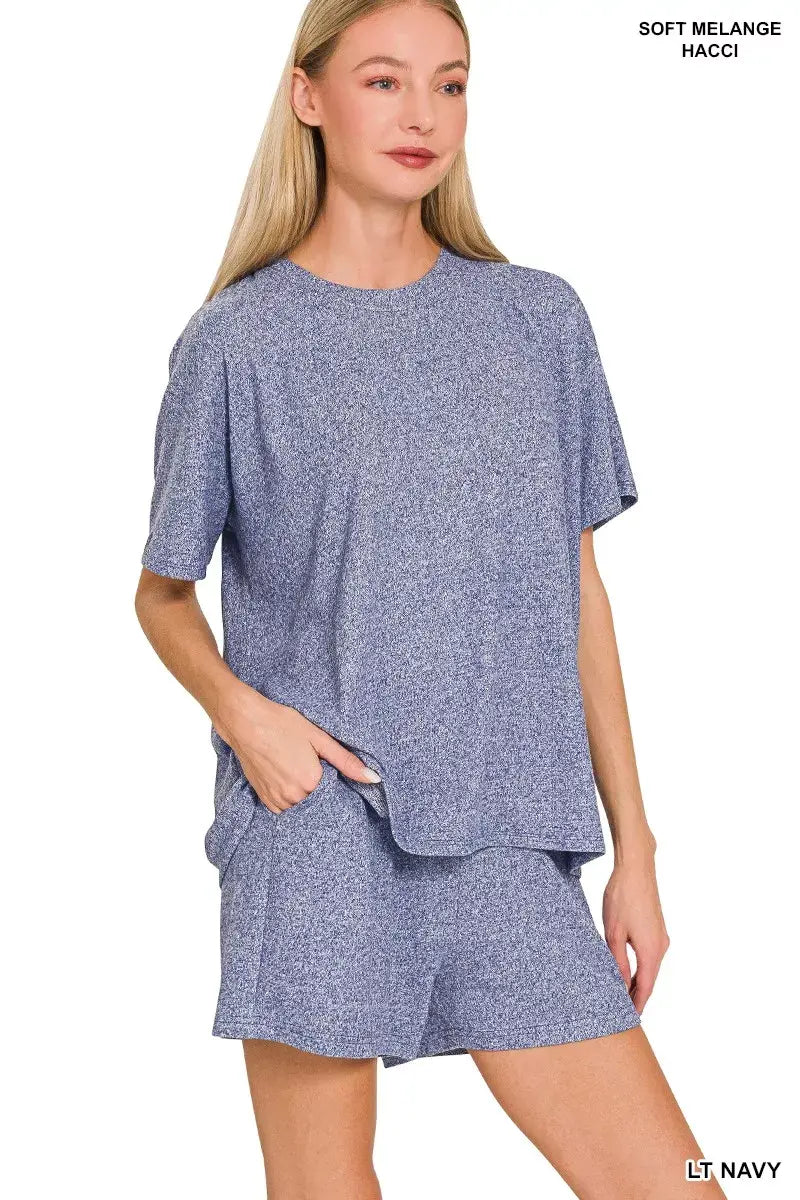 Zenana Soft Melange Short Sleeve Tee and Shorts Set - Trendsi - Flyclothing LLC