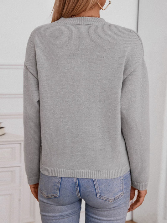 Pocketed Notched Long Sleeve Knit Top - Trendsi