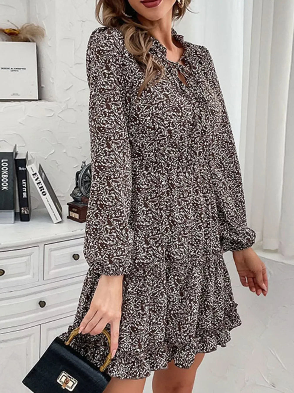 Ruffle Hem Tie Neck Mini Dress - Trendsi - Flyclothing LLC