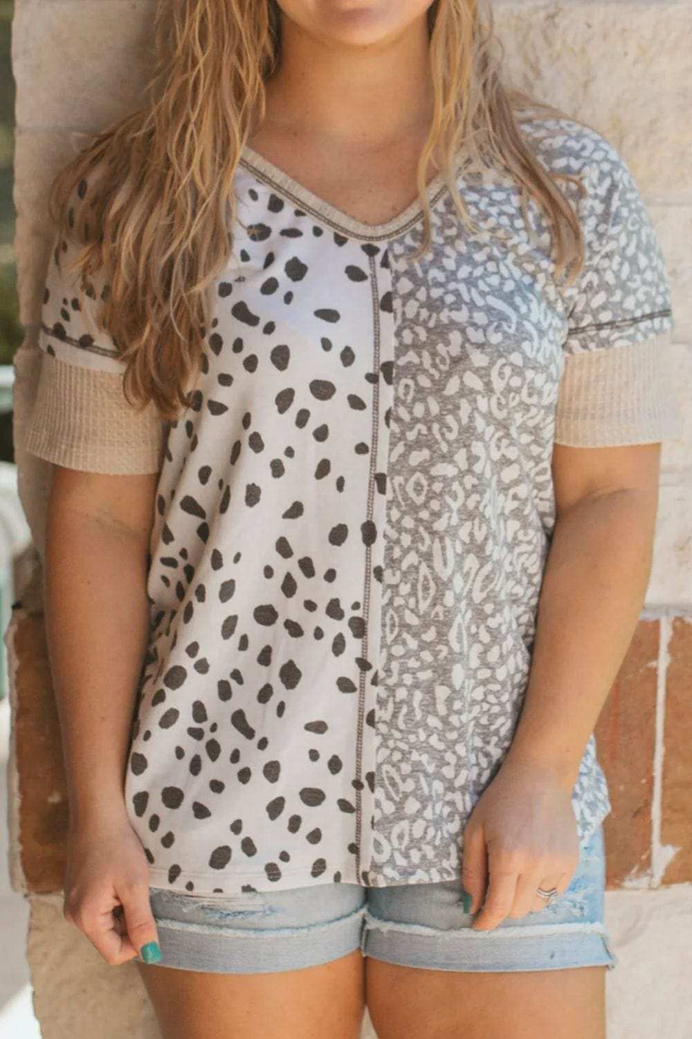 Plus Size Leopard V-Neck Short Sleeve T-Shirt - Trendsi - Flyclothing LLC