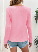 Waffle Knit Button-Detail V-Neck T-Shirt - Trendsi - Flyclothing LLC