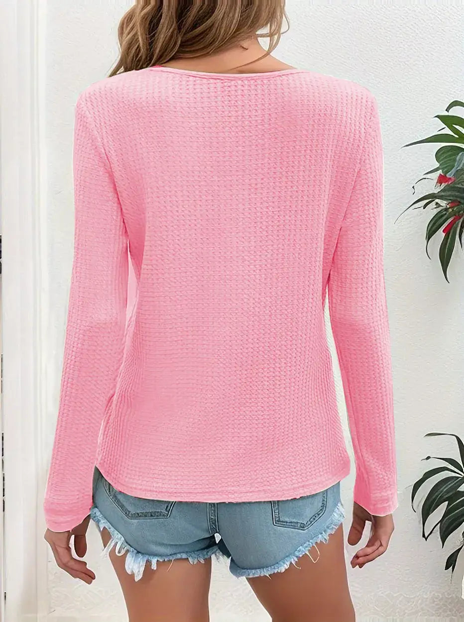 Waffle Knit Button-Detail V-Neck T-Shirt - Trendsi - Flyclothing LLC