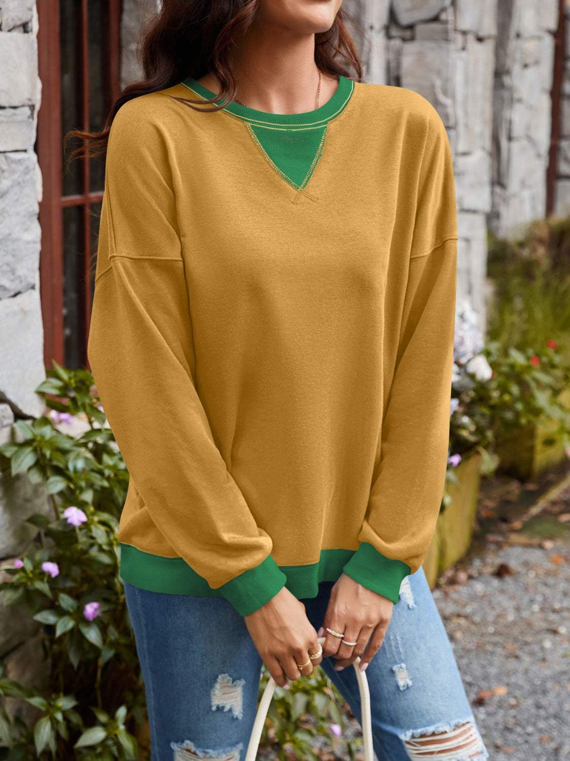 Contrast Round Neck Long Sleeve Sweatshirt - Trendsi - Flyclothing LLC