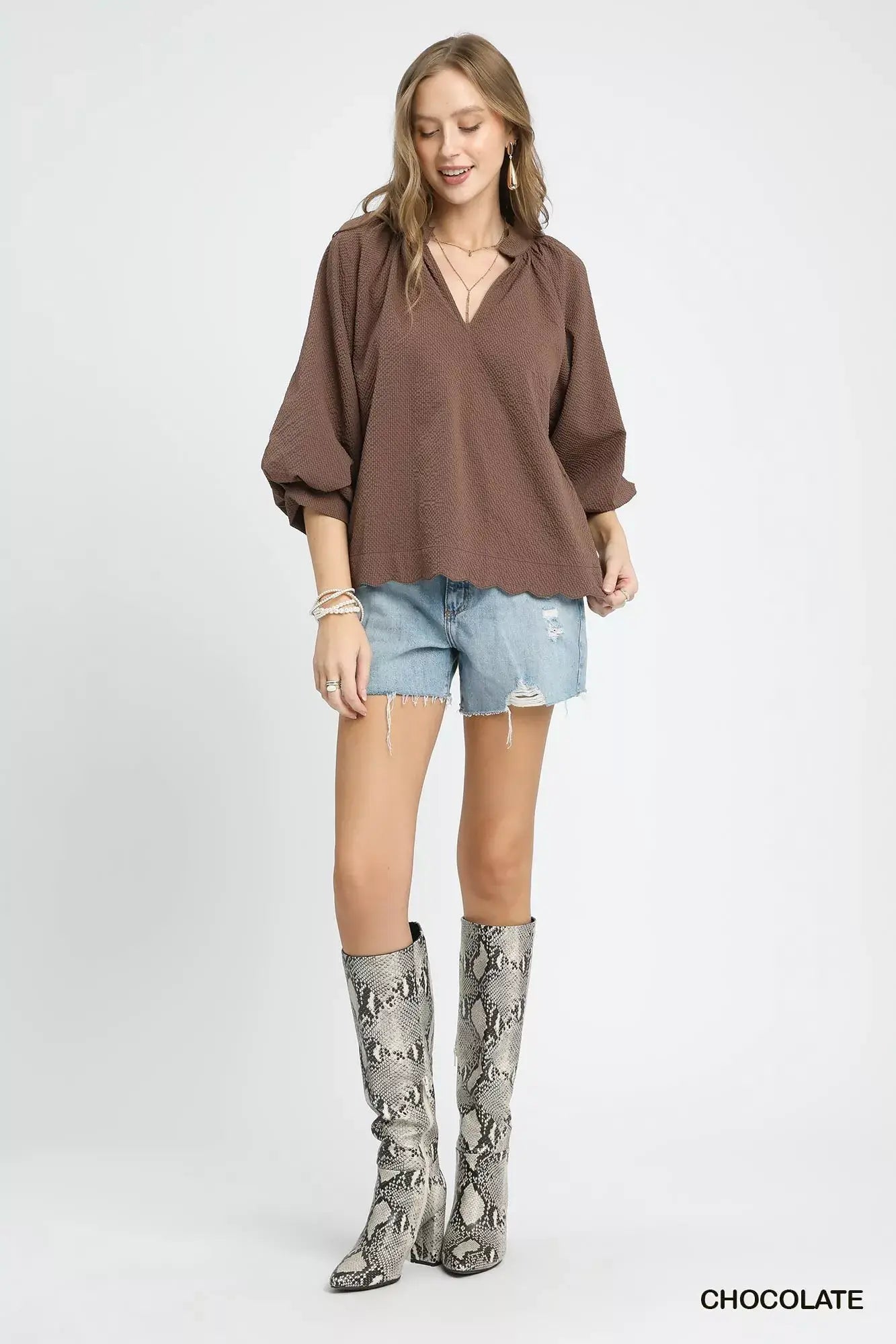 Umgee Full Size Textured Notched Balloon Sleeve Blouse Plus Size - Trendsi - Flyclothing LLC