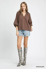 Umgee Full Size Textured Notched Balloon Sleeve Blouse Plus Size - Trendsi - Flyclothing LLC