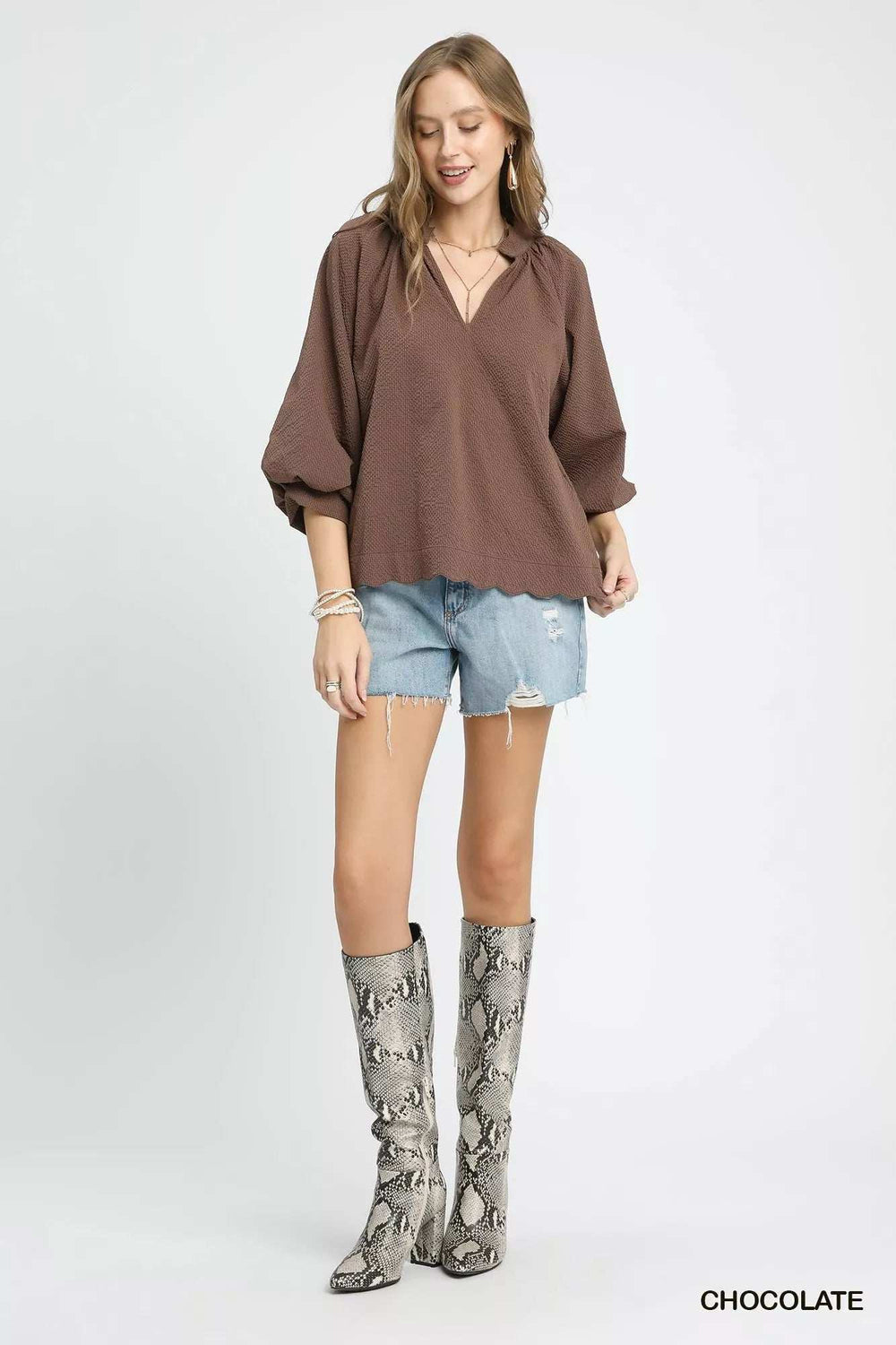 Umgee Full Size Textured Notched Balloon Sleeve Blouse Plus Size - Trendsi - Flyclothing LLC