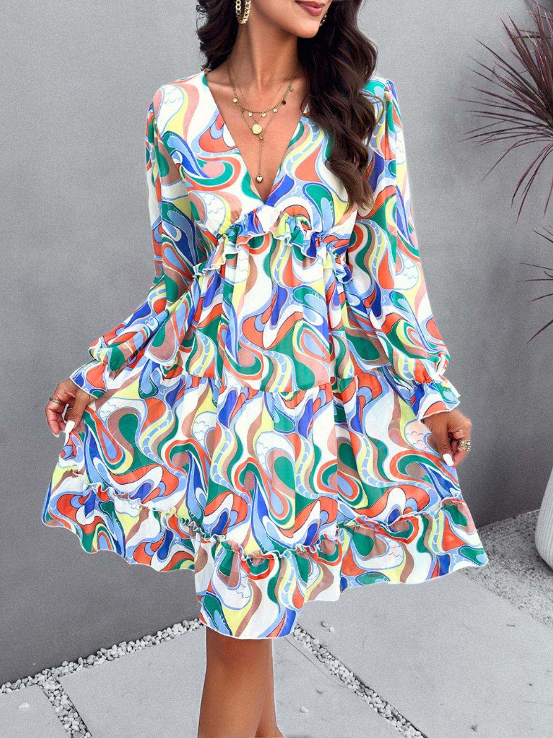 Backless Printed V-Neck Flounce Sleeve Dress - Trendsi - Flyclothing LLC