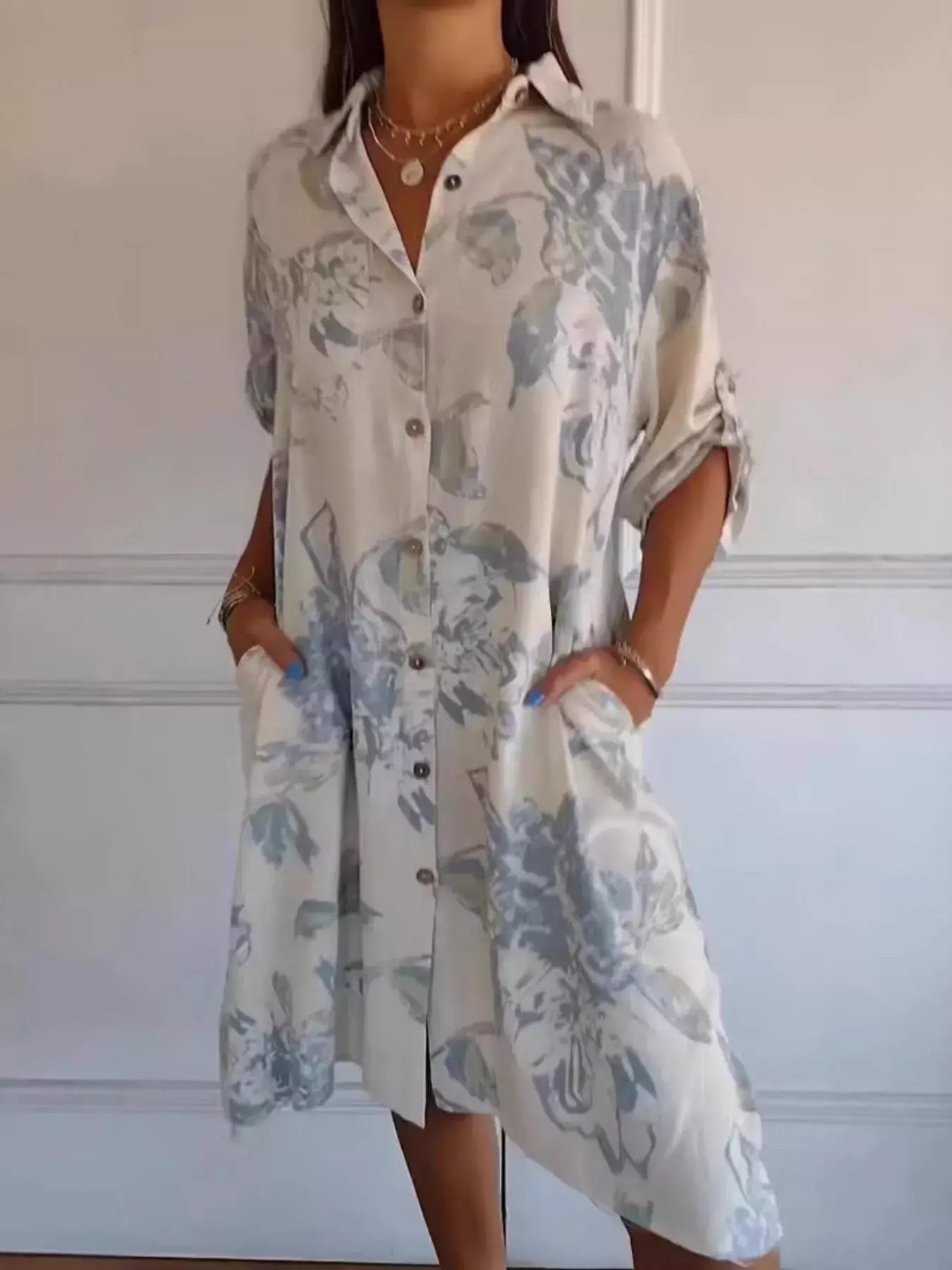 Full Size Floral Print Button-Up Shirt Dress Plus Size - Trendsi - Flyclothing LLC