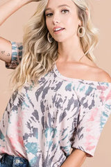 BiBi Tie Dye Print Terry Deep U Neck Top - Trendsi - Flyclothing LLC