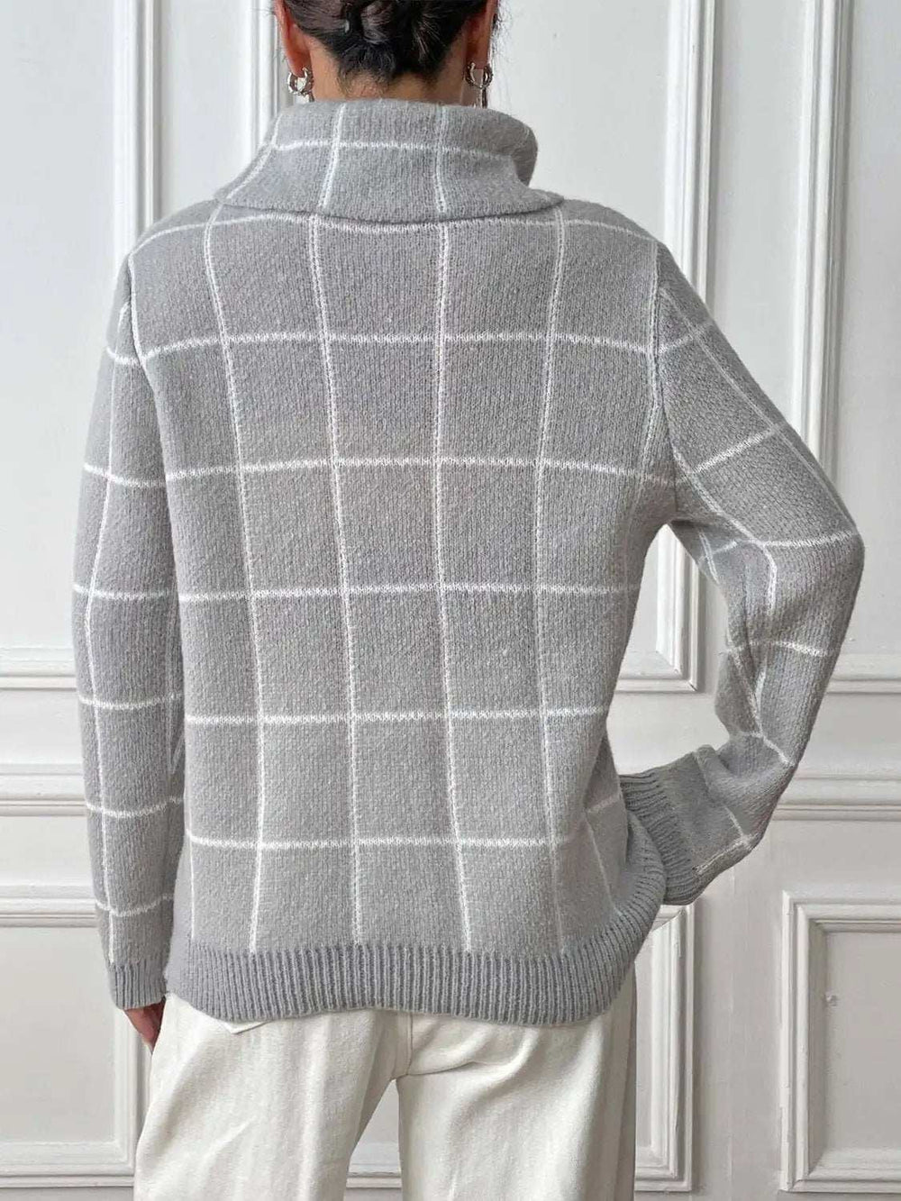 Heart Plaid Turtleneck Long Sleeve Sweater - Trendsi - Flyclothing LLC