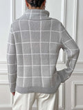 Heart Plaid Turtleneck Long Sleeve Sweater - Trendsi