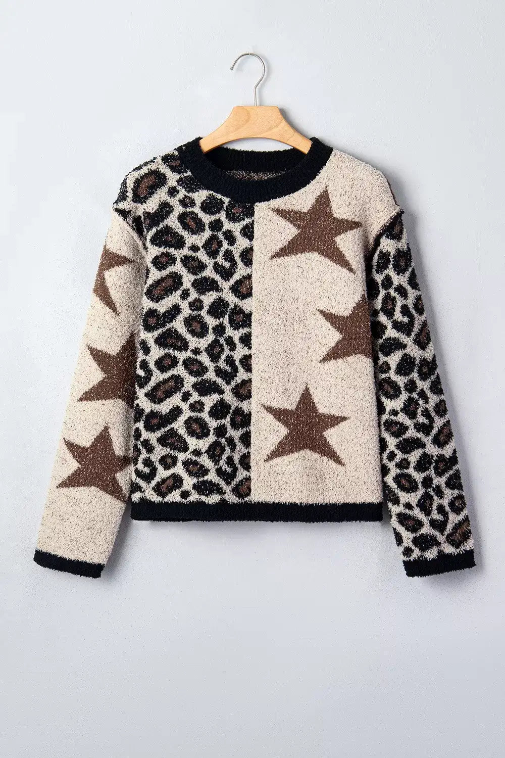 Leopard Star Pattern Round Neck Long Sleeve Shift Sweater - Trendsi - Flyclothing LLC