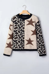 Leopard Star Pattern Round Neck Long Sleeve Shift Sweater - Trendsi - Flyclothing LLC