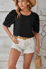 Swiss Dot Round Neck Short Sleeve Blouse - Trendsi - Flyclothing LLC