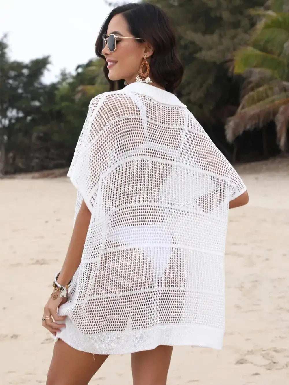 Hollow Out Collared Neck Cover-Up - Trendsi - Flyclothing LLC