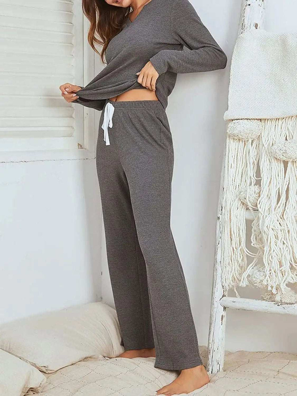 Notched Long Sleeve Top and Pants Set - Trendsi - Flyclothing LLC